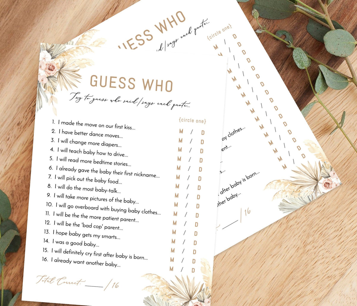Editable He Said She Said Baby Shower Game | Pampas Grass Palm Fronds