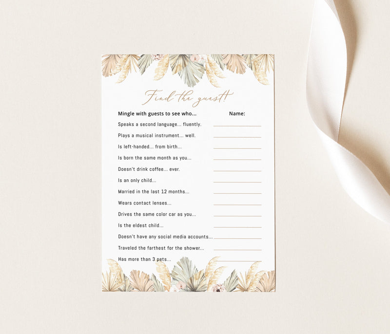 Editable Find the Guest Shower Game Template | Pampas Grass Bridal Shower Game 