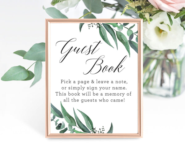 Printable Guest Book Sign Eucalyptus Watercolor Baby Shower | Greenery Leaves, Please Sign The Guest Book 