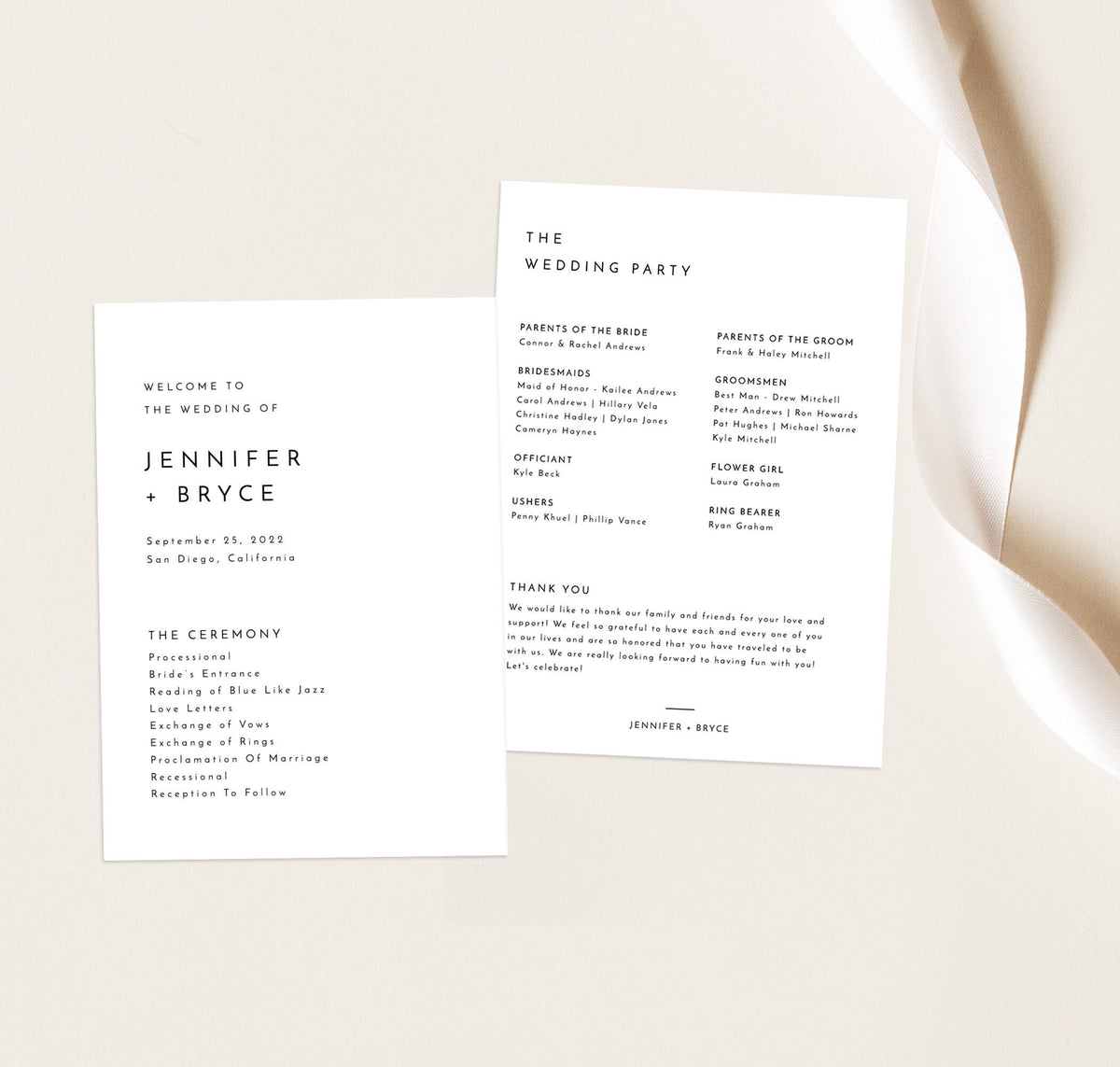 Minimalist Wedding Program Template | Printable Order of Service