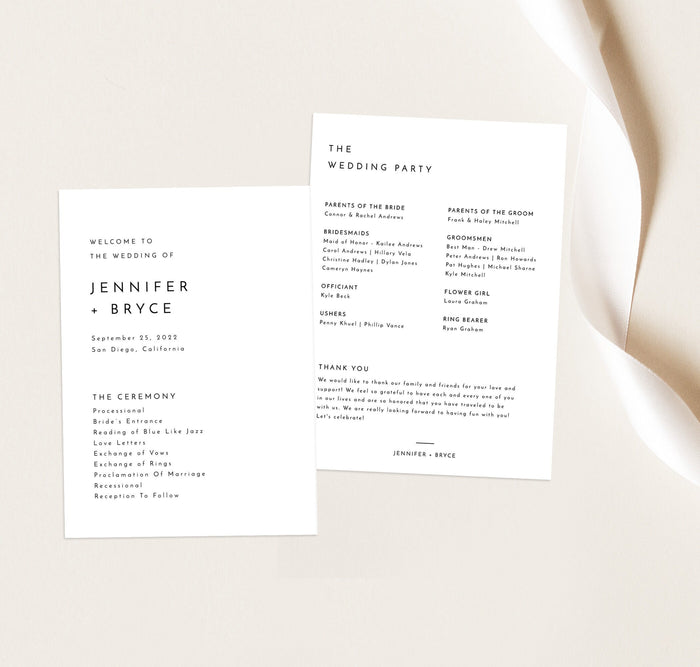 Minimalist Wedding Program Template | Printable Order of Service