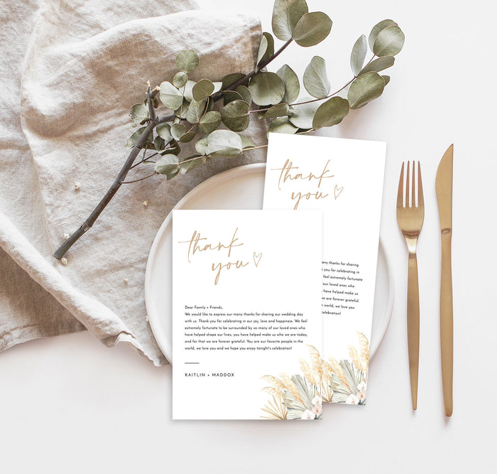 Pampas Grass Thank You Letter | Wedding Napkin Note