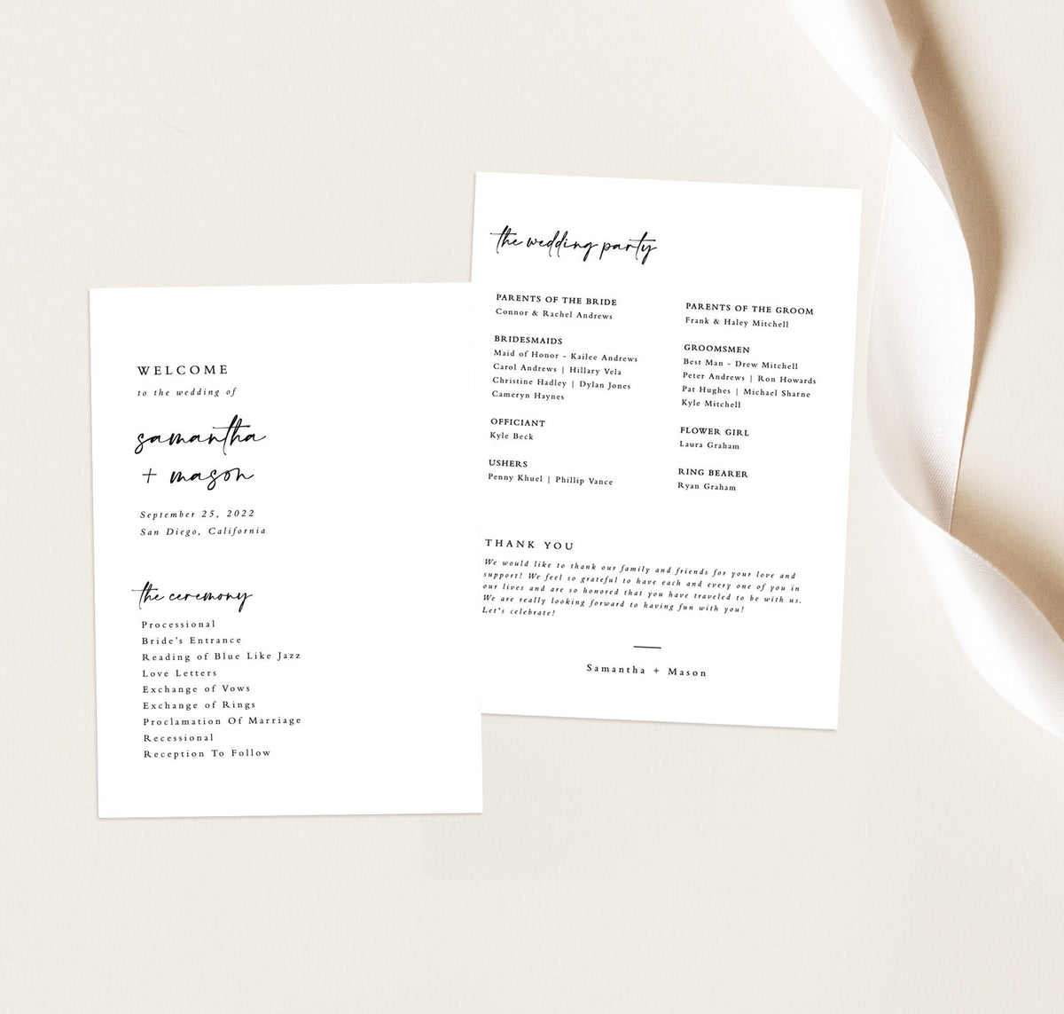 Minimalist Wedding Program Template | Printable Order of Service
