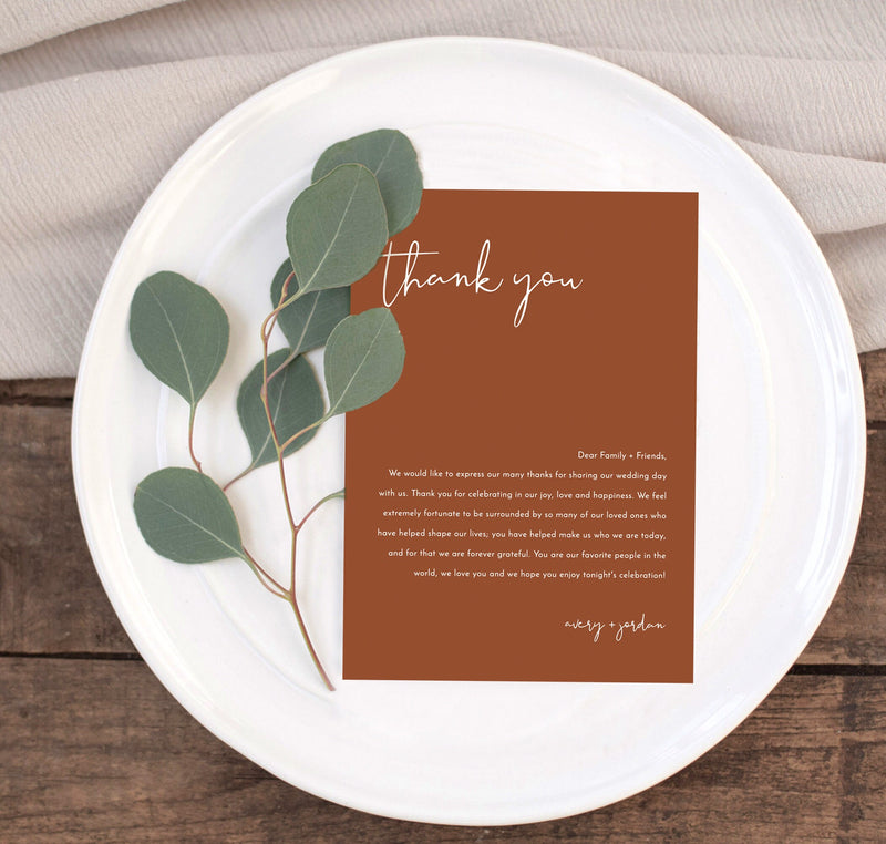 Burnt Orange Thank You Letter | Minimalist Wedding Napkin Note 