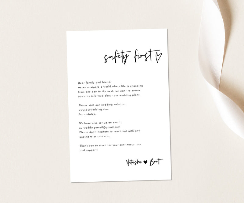 Covid Wedding Safety Note | Social Distance Wedding Insert 