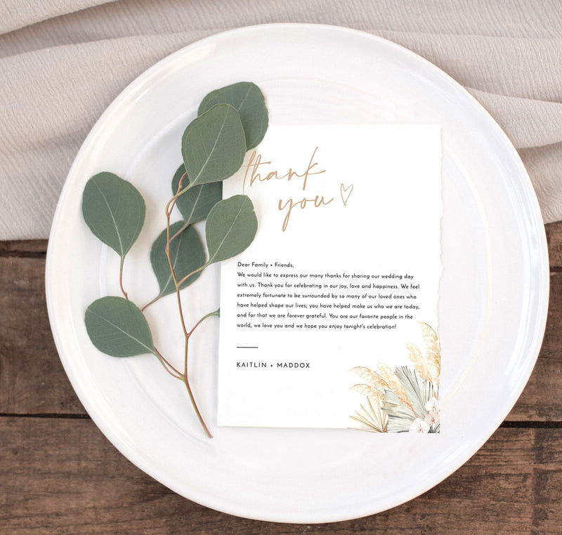 Pampas Grass Thank You Letter | Wedding Napkin Note 
