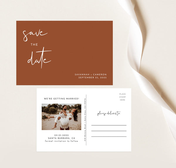 Terracotta Photo Save the Date Postcard | Minimalist Save the Date Template 