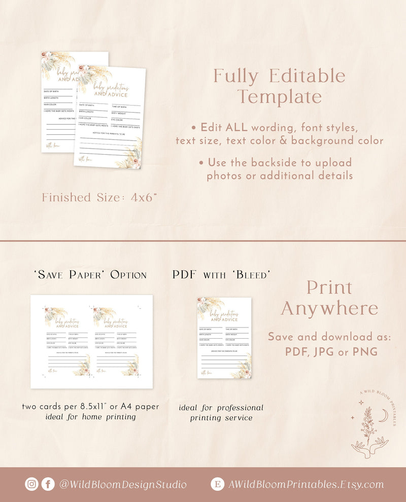 Pampas Grass Baby Shower Advice and Predictions Card | Girl Baby Shower Game 
