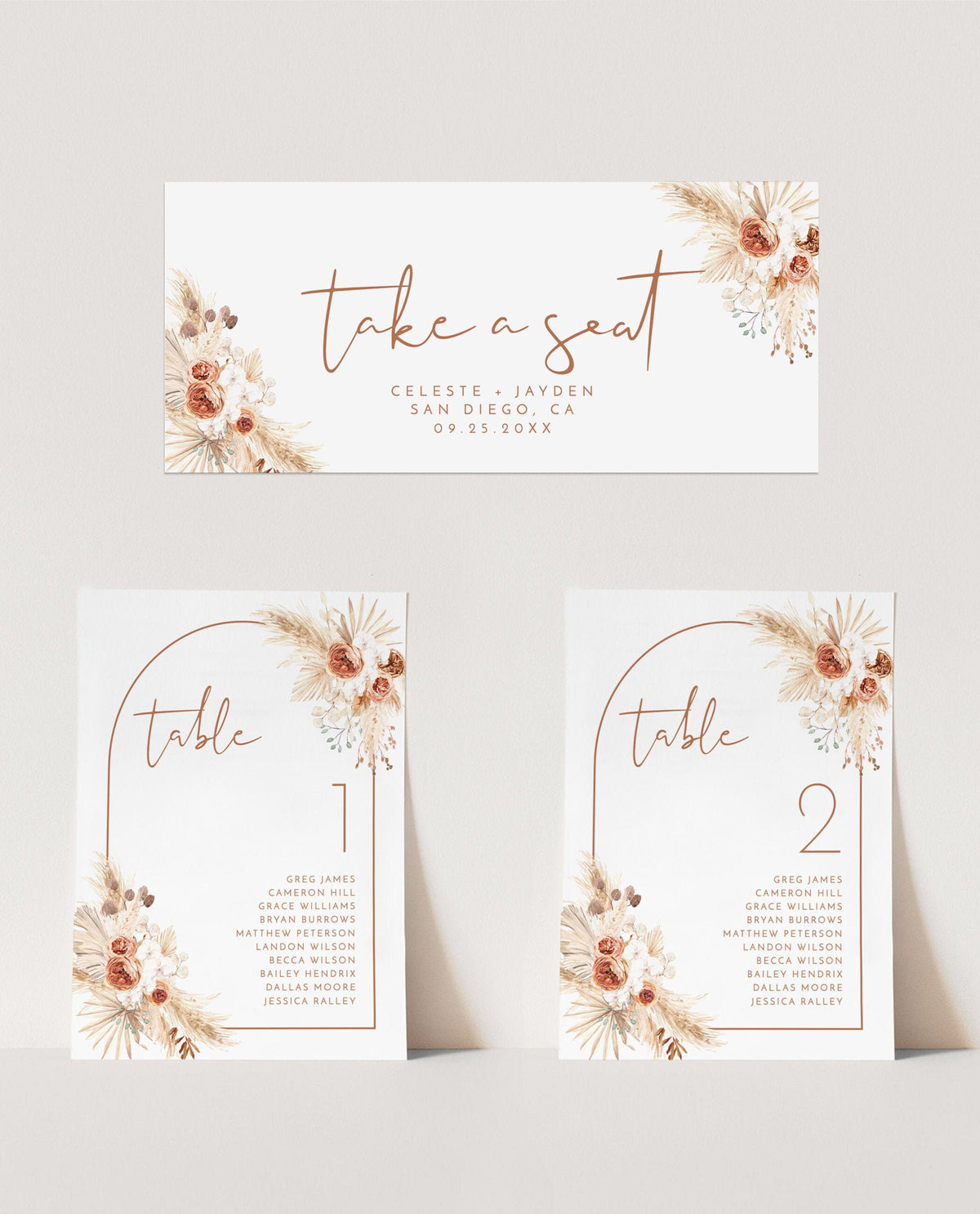 Pampas Grass Seating Chart Card Template | Editable Wedding Seat Cards