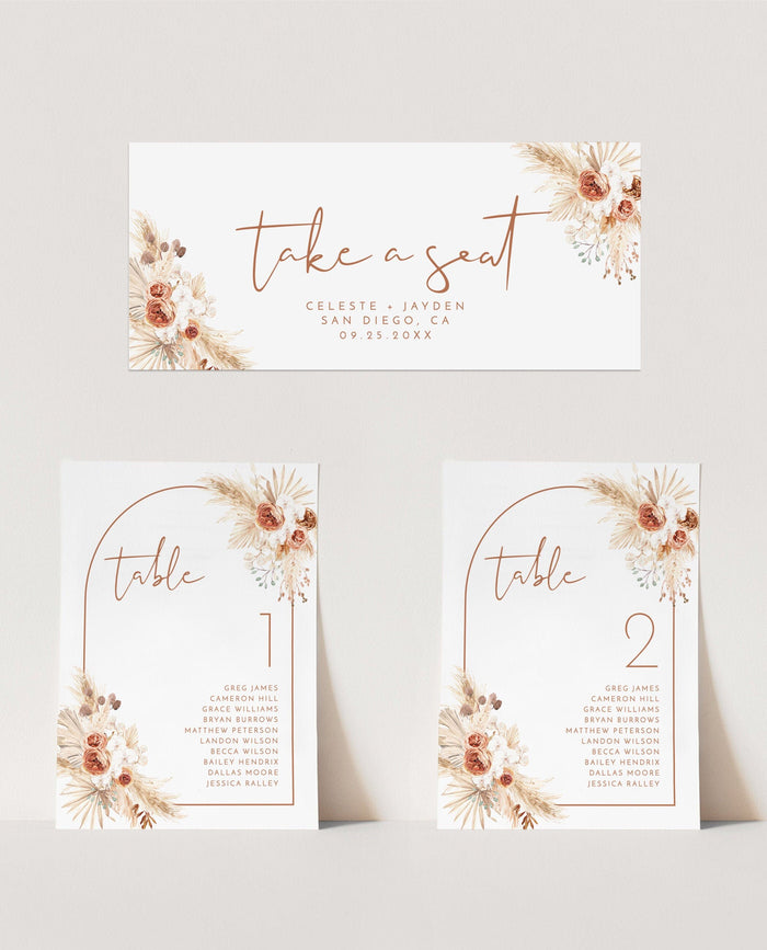 Pampas Grass Seating Chart Card Template | Editable Wedding Seat Cards
