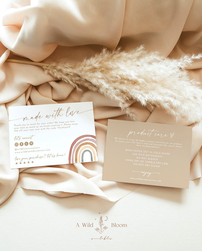 Rainbow Thank You Care Card | Boho Rainbow Product Care Card 