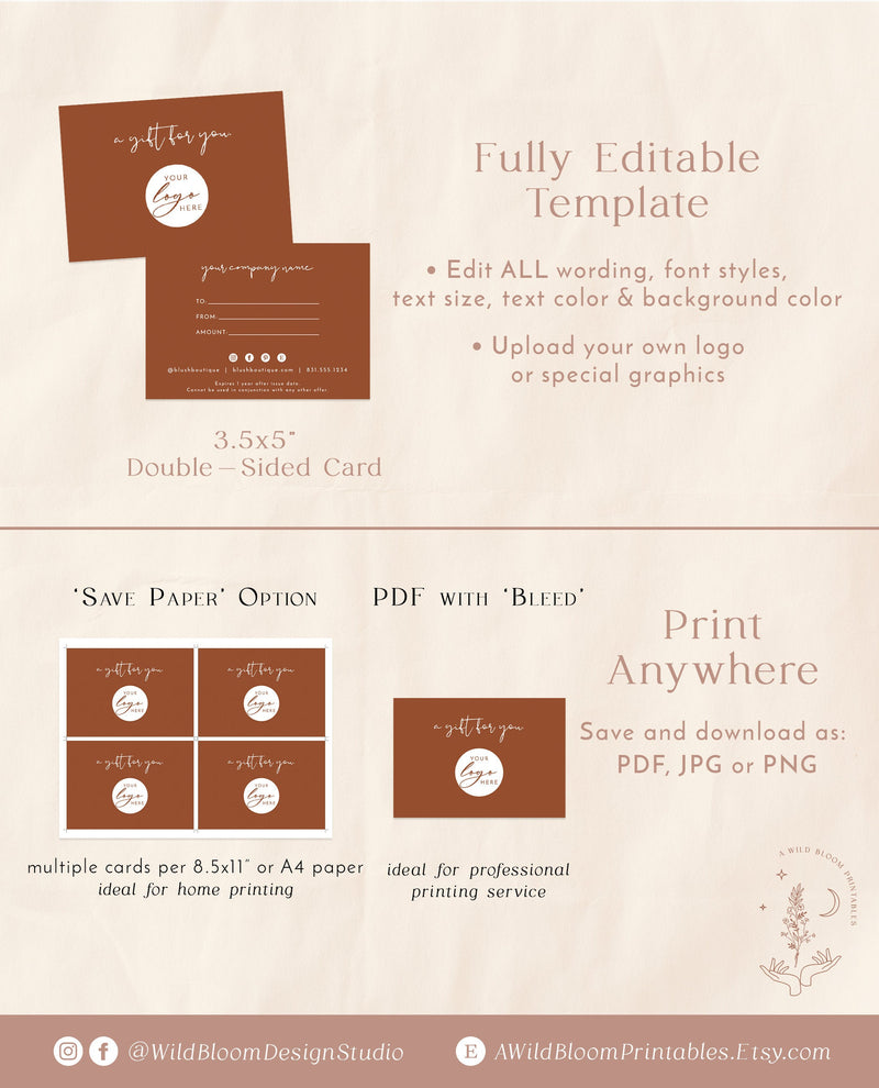 Boho Small Business Gift Certificate | Terracotta Gift Card Template 