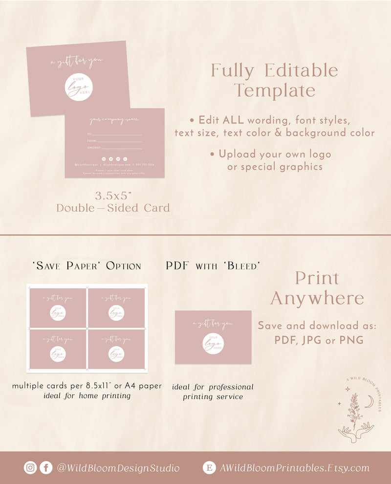 Boho Small Business Gift Certificate | Mauve Gift Card Template 