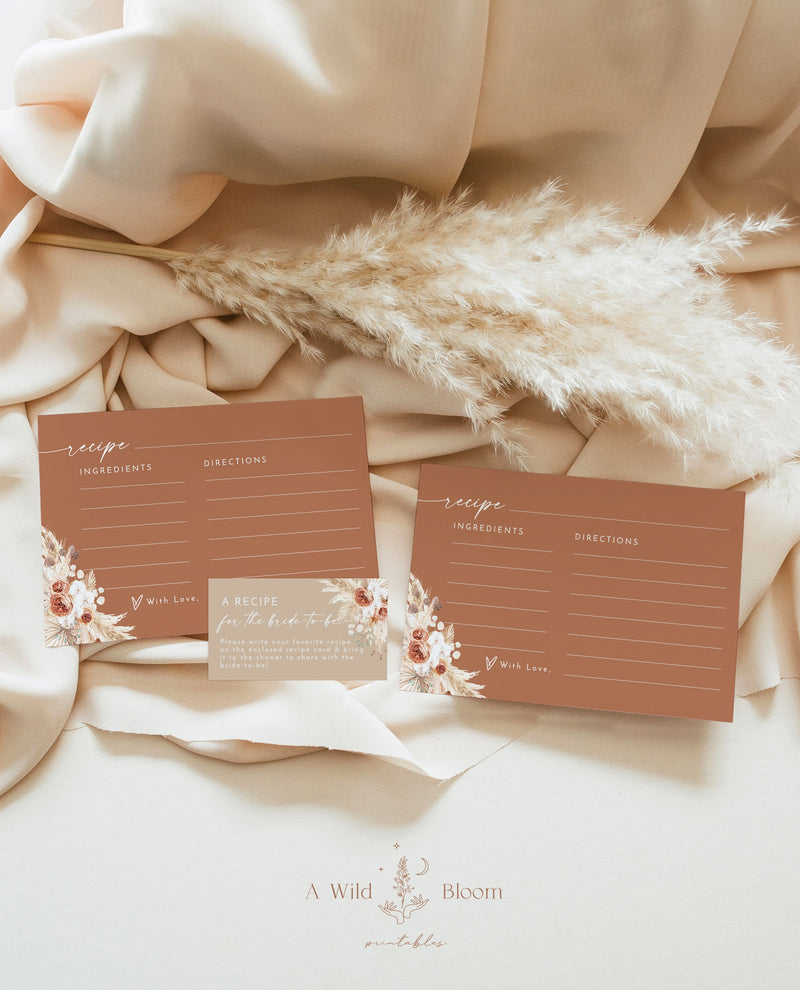 Bridal Shower Recipe Card Insert | Pampas Grass Recipe Card Template 
