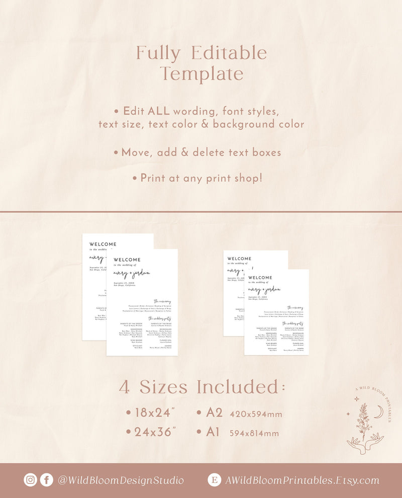 Minimalist Wedding Program Poster | Editable Program Sign Template 