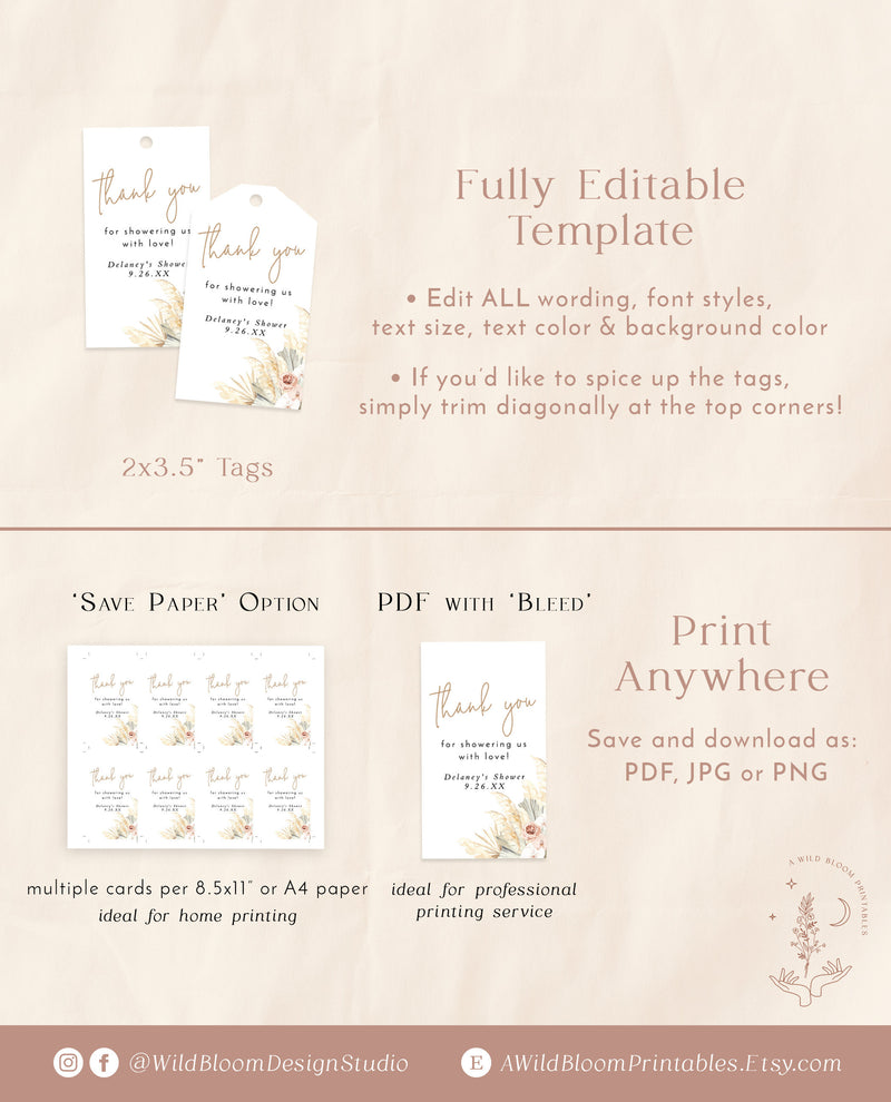 Pampas Grass Thank You Shower Favor Tag | Editable Favor Tag Template 