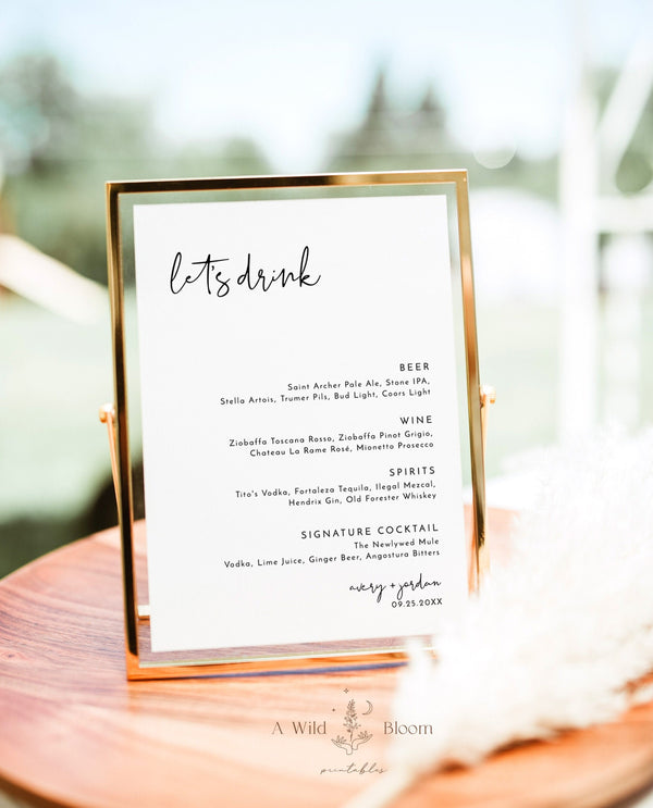 Minimalist Wedding Bar Menu Template | Modern Minimalist Bar Menu Sign 