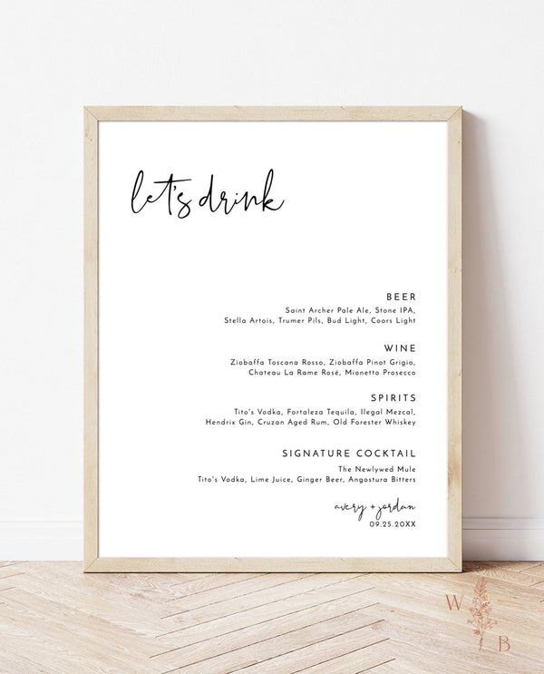 Minimalist Wedding Bar Menu Template | Modern Minimalist Bar Menu Sign 