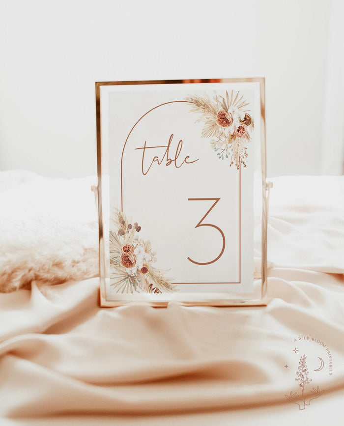 Pampas Grass Wedding Table Number Template | Minimalist Wedding Table Numbers