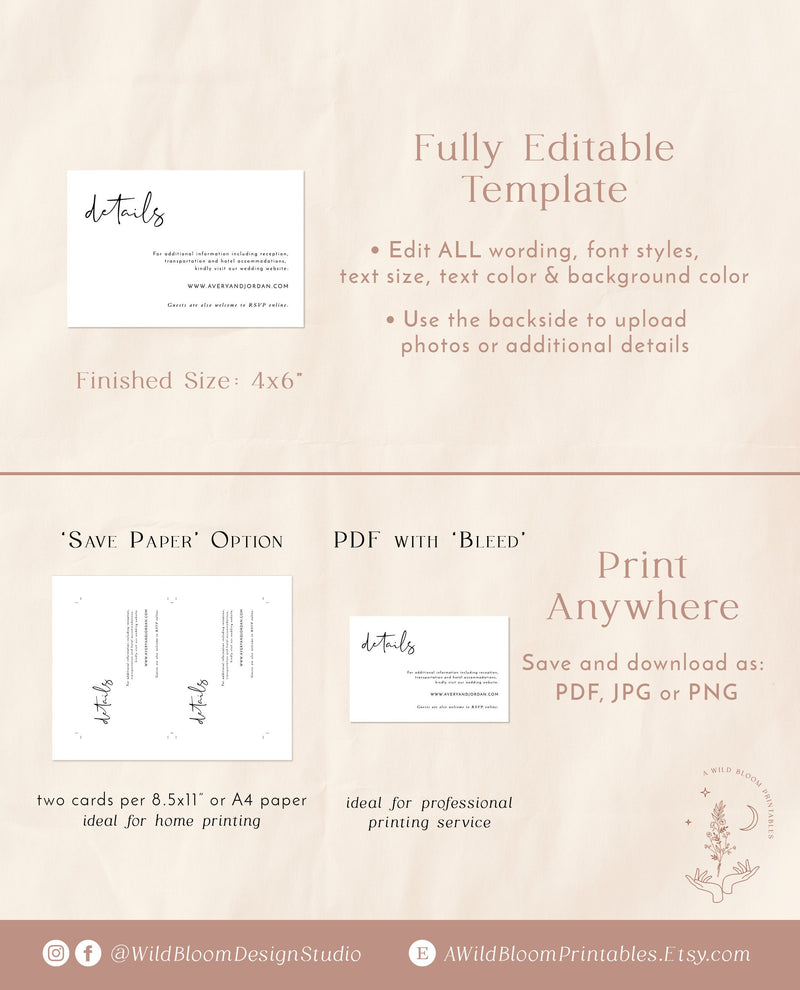Minimalist Details Card | Modern Wedding Details Insert 