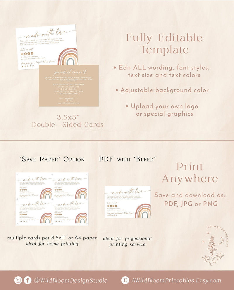 Rainbow Thank You Care Card | Boho Rainbow Product Care Card 