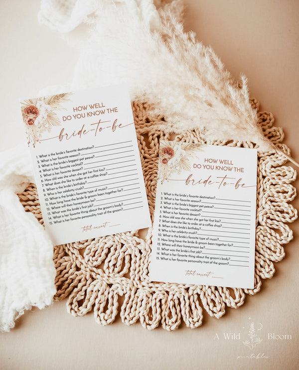 How Well Do You Know the Bride-to-Be Game | Boho Bridal Trivia Shower Game 