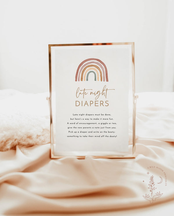 Late Night Diapers Template Sign | Rainbow Baby Shower Game 