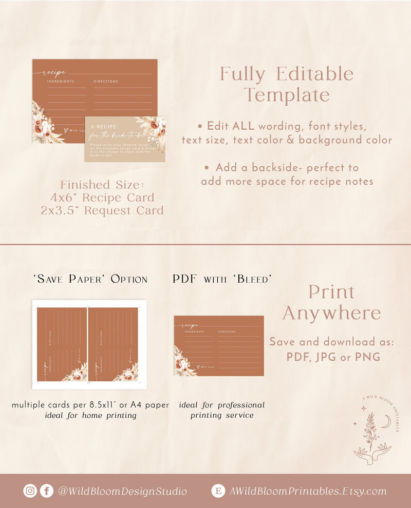 Bridal Shower Recipe Card Insert | Pampas Grass Recipe Card Template 