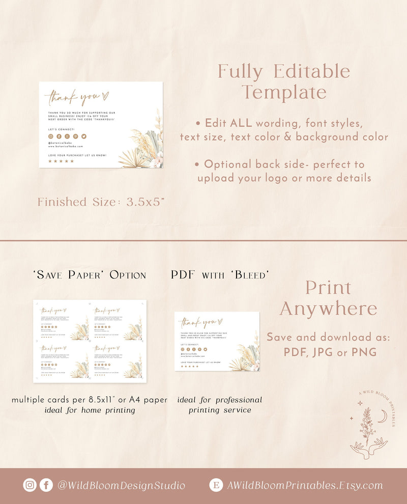 Pampas Grass Small Business Thank You Card | Boutique Thank You Template 