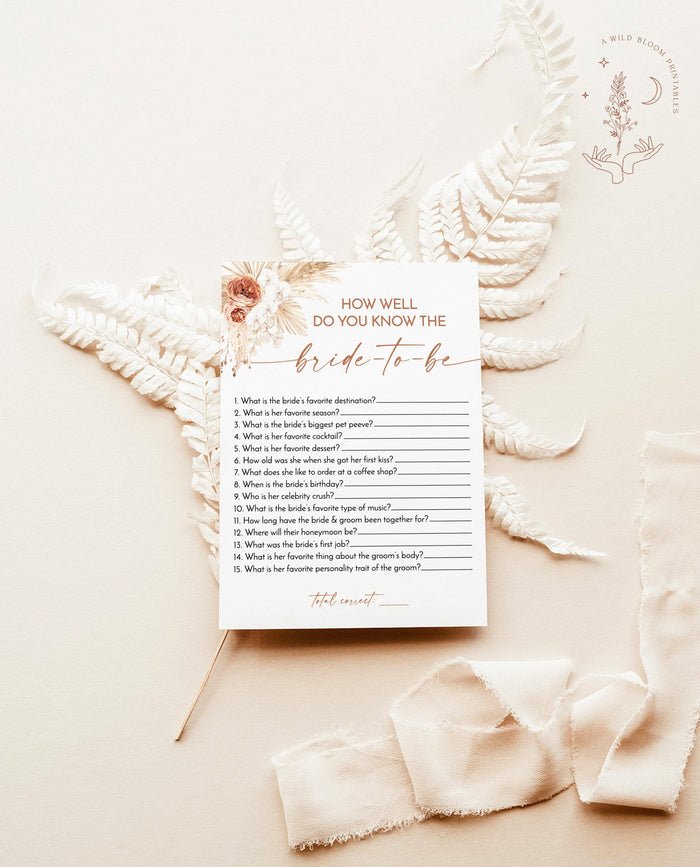 How Well Do You Know the Bride-to-Be Game | Boho Bridal Trivia Shower Game