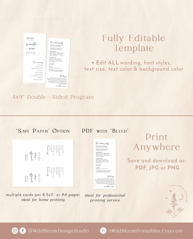 Minimalist Wedding Program | Printable Order of Service 