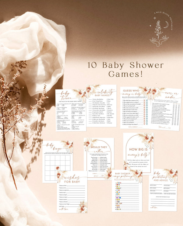 Boho Baby Shower Game Bundle | Pampas Grass Baby Shower 