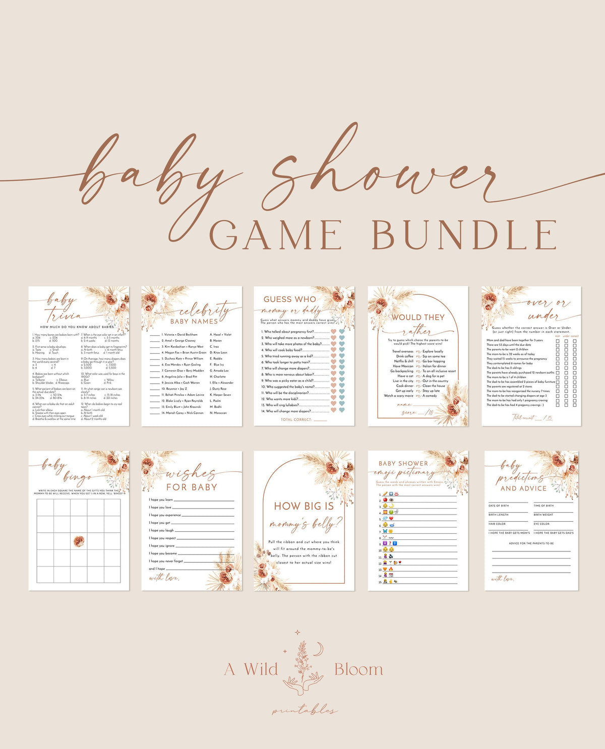 Boho Baby Shower Game Bundle | Pampas Grass Baby Shower
