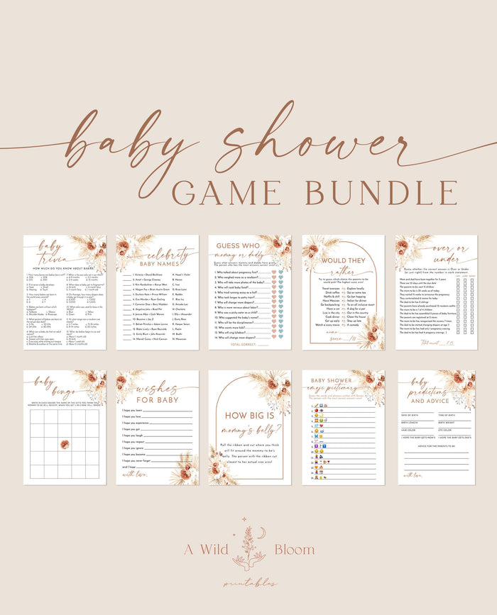 Boho Baby Shower Game Bundle | Pampas Grass Baby Shower
