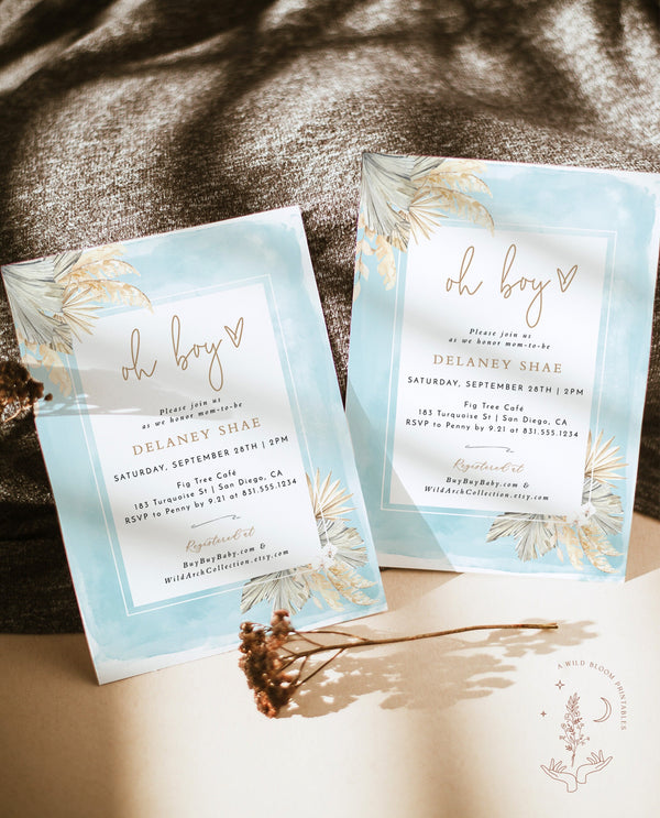 Pampas Grass Baby Shower Invitation | Blue Baby Boy Shower Invite 