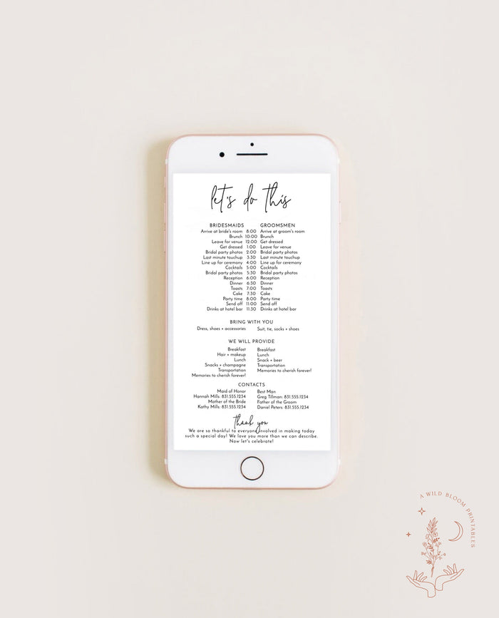 Digital Wedding Party Timeline | Bridal Party Itinerary