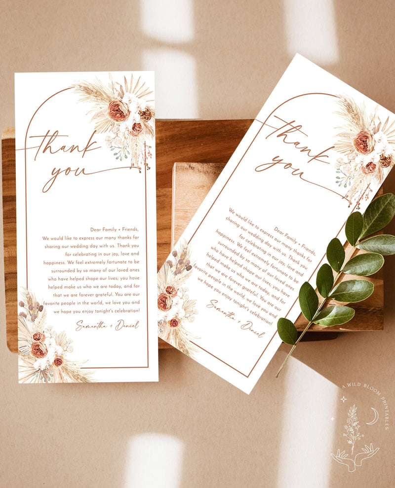 Pampas Grass Wedding Napkin Note | Bohemian Thank You Letter 