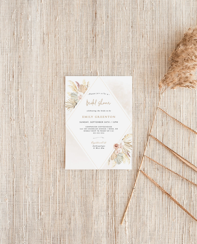 Pampas Grass Bridal Shower Invitation | Boho Bridal Shower Invite 