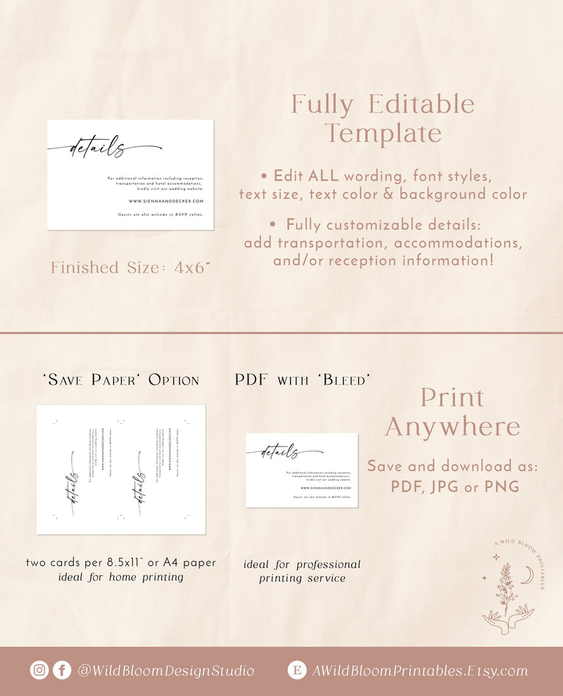 Minimalist Details Card | Modern Wedding Details Card 
