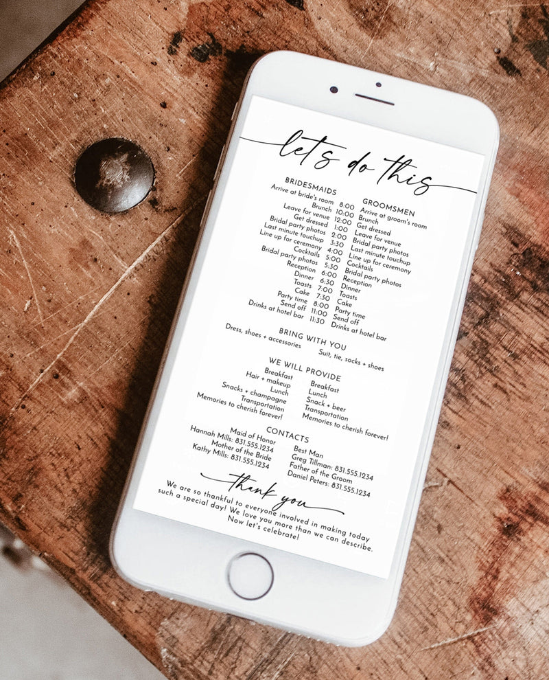 Digital Wedding Party Timeline | Bridal Party Itinerary 