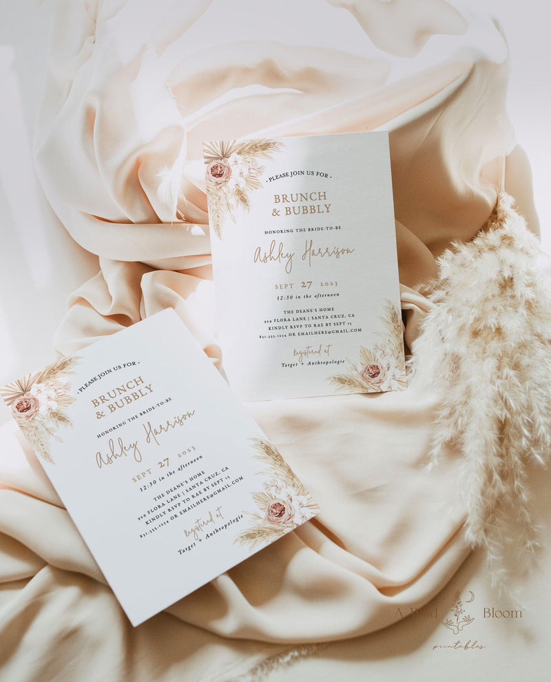 Pampas Grass Bridal Shower Invitation | Brunch and Bubbly Invite 