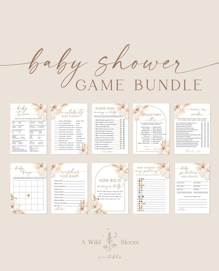 Boho Baby Shower Game Bundle | Pampas Grass Baby Shower