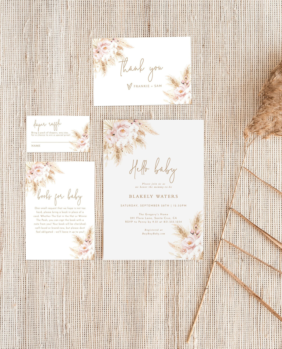 Pampas Grass Baby Shower Invitation | Girl Baby Shower Bundle