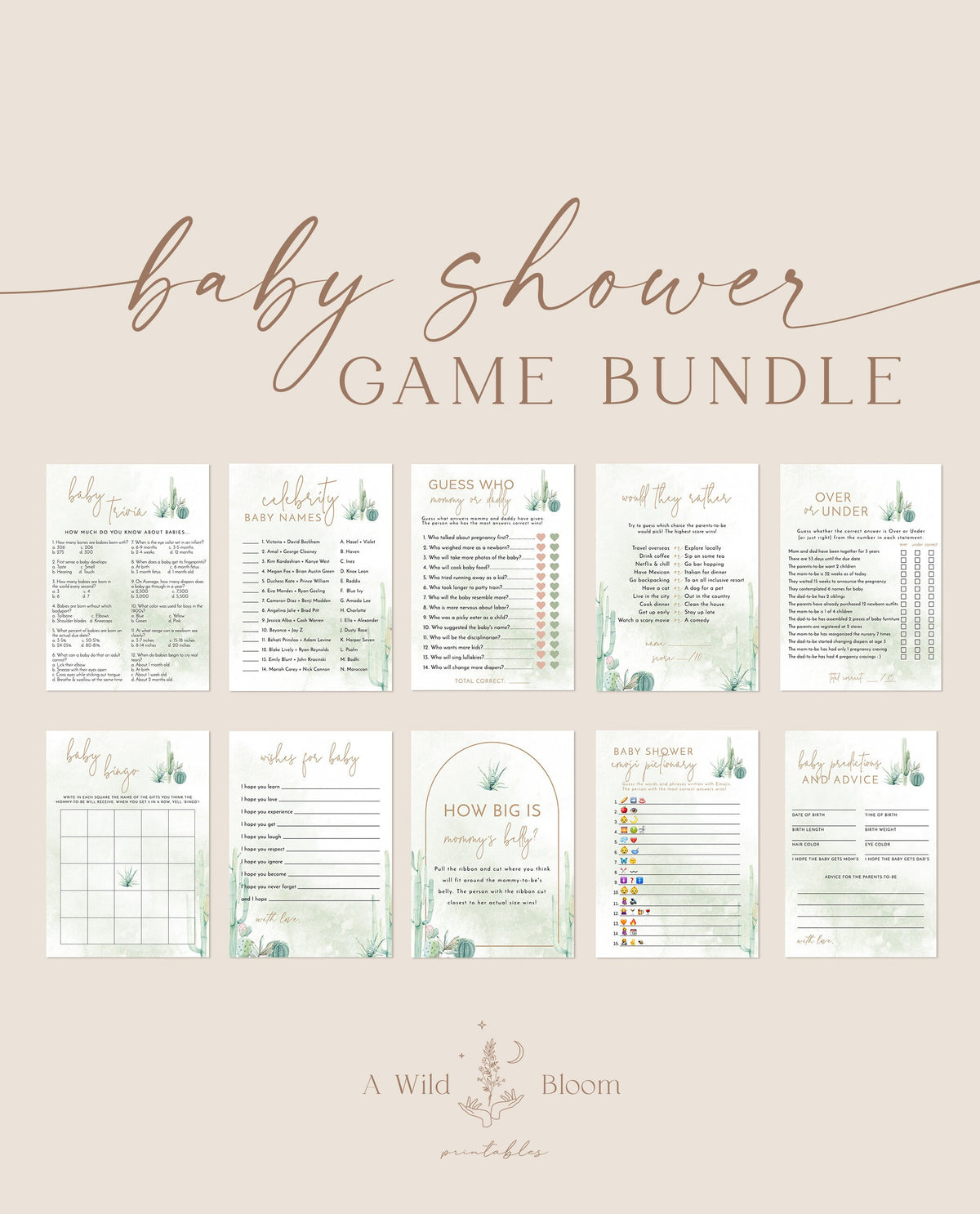 Cactus Baby Shower Game Bundle | Let's Fiesta Baby Shower