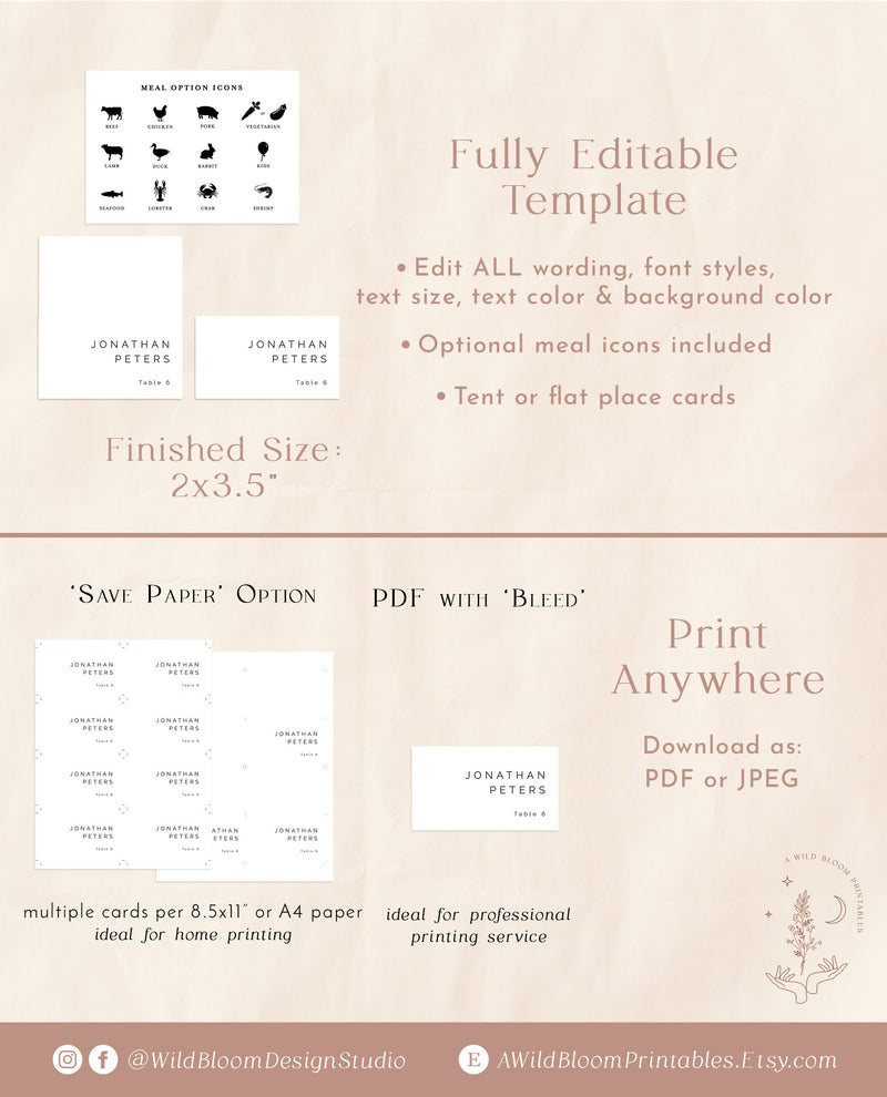 Wedding Place Card Template | Minimalist Pace Cards 