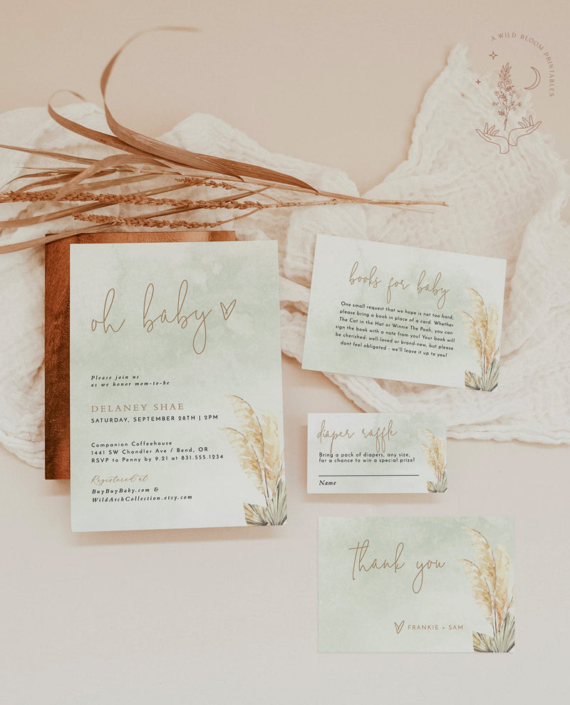 Pampas Grass Baby Shower Invitation | Boy Baby Shower Bundle 