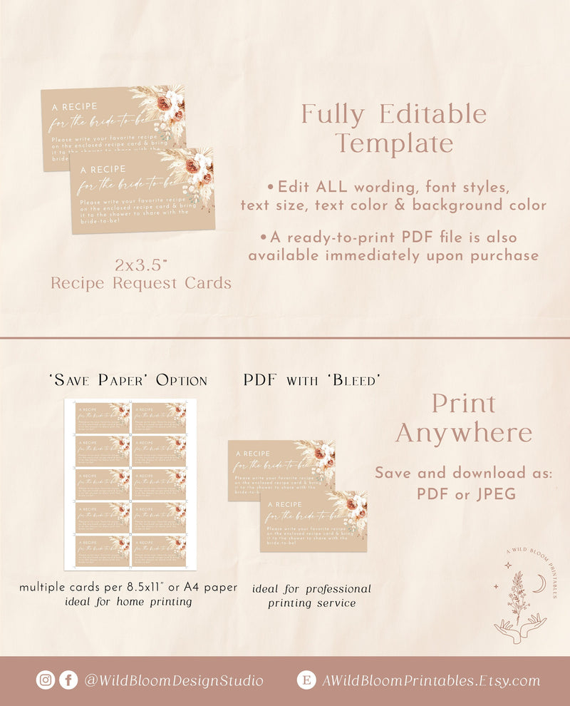 Boho Recipe Request Card | Bridal Shower Recipe Card Insert 