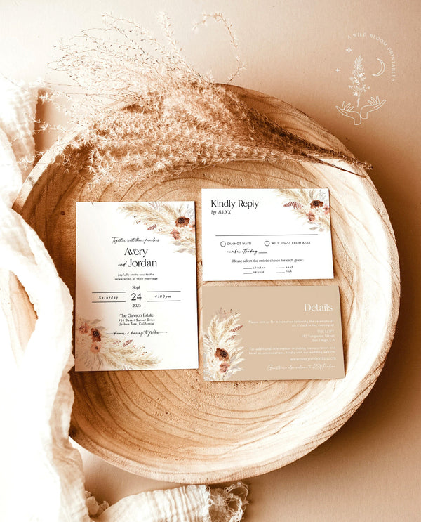 Boho Wedding Invitation Template | Terracotta Wedding Invite | Pampas Grass | Wedding | Desert Wedding Invite | Rust Wedding Invite A4