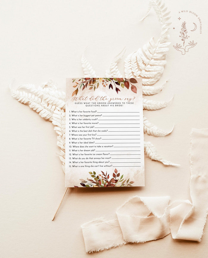 What Did the Groom Say Bridal Shower Game | Autumn Couples Shower Game Template