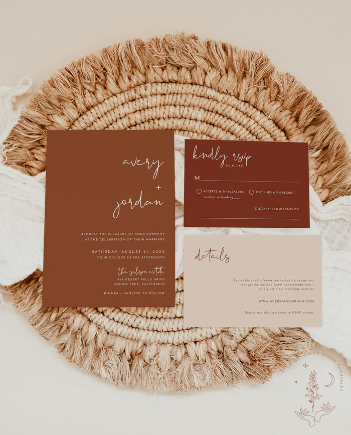 Burnt Orange Wedding Invitation Template | Minimalist Desert Wedding Invite